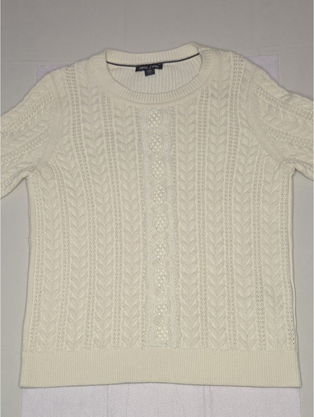 Nautica Jeans Co Cream Short Sleeve Cable Knit Lace Inset Sweater L